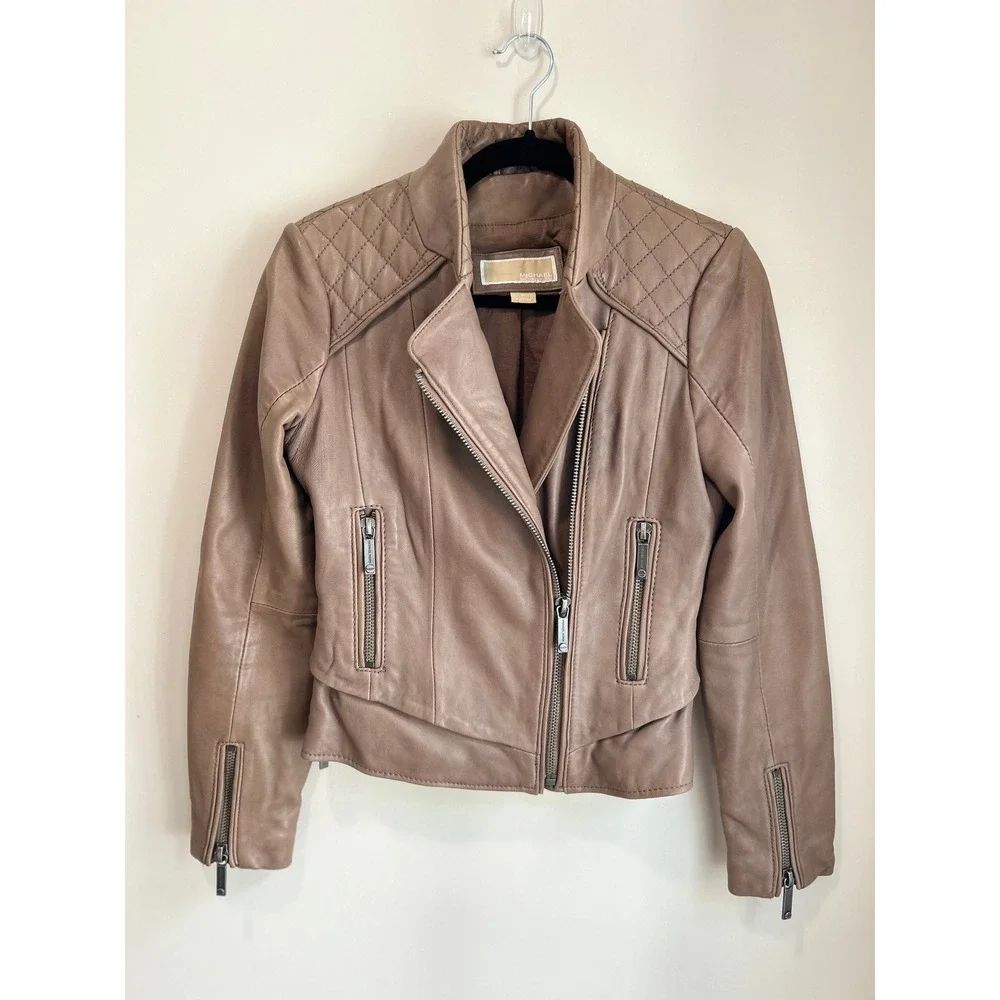 MICHAEL Michael Kors Genuine Leather Moto Jacket Sz XS Taupe Brown Quilted Biker